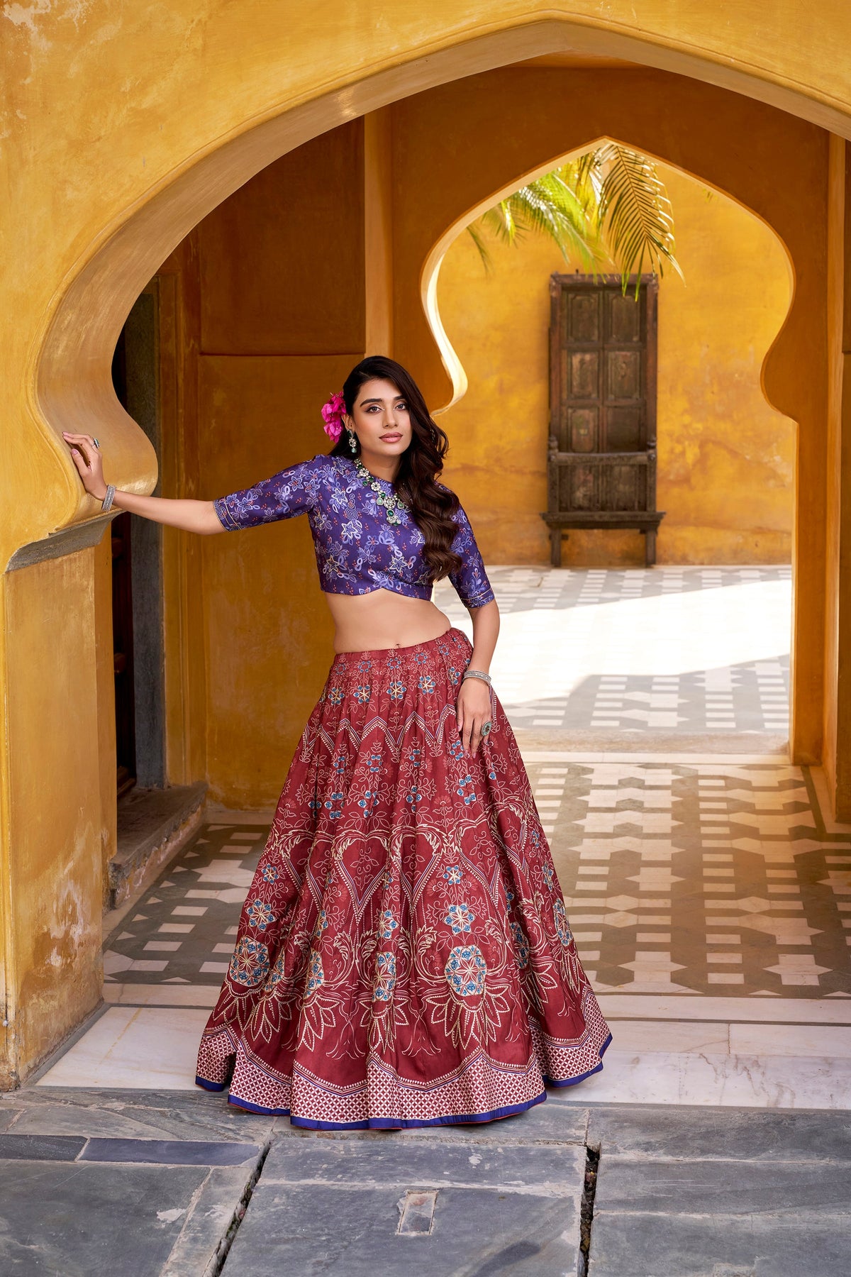 Lorenvalley Fashion Maroon Vaishali silk Printed with Beads Work and Gota Patti Lace Lehenga Choli with Dupatta | Grocsy