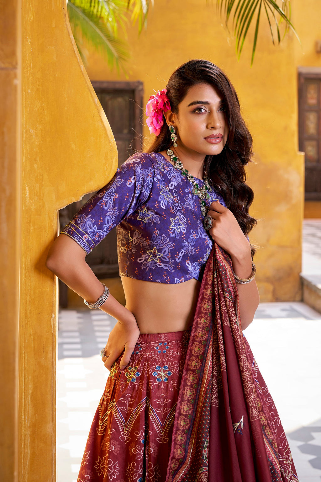 Lorenvalley Fashion Maroon Vaishali silk Printed with Beads Work and Gota Patti Lace Lehenga Choli with Dupatta | Grocsy