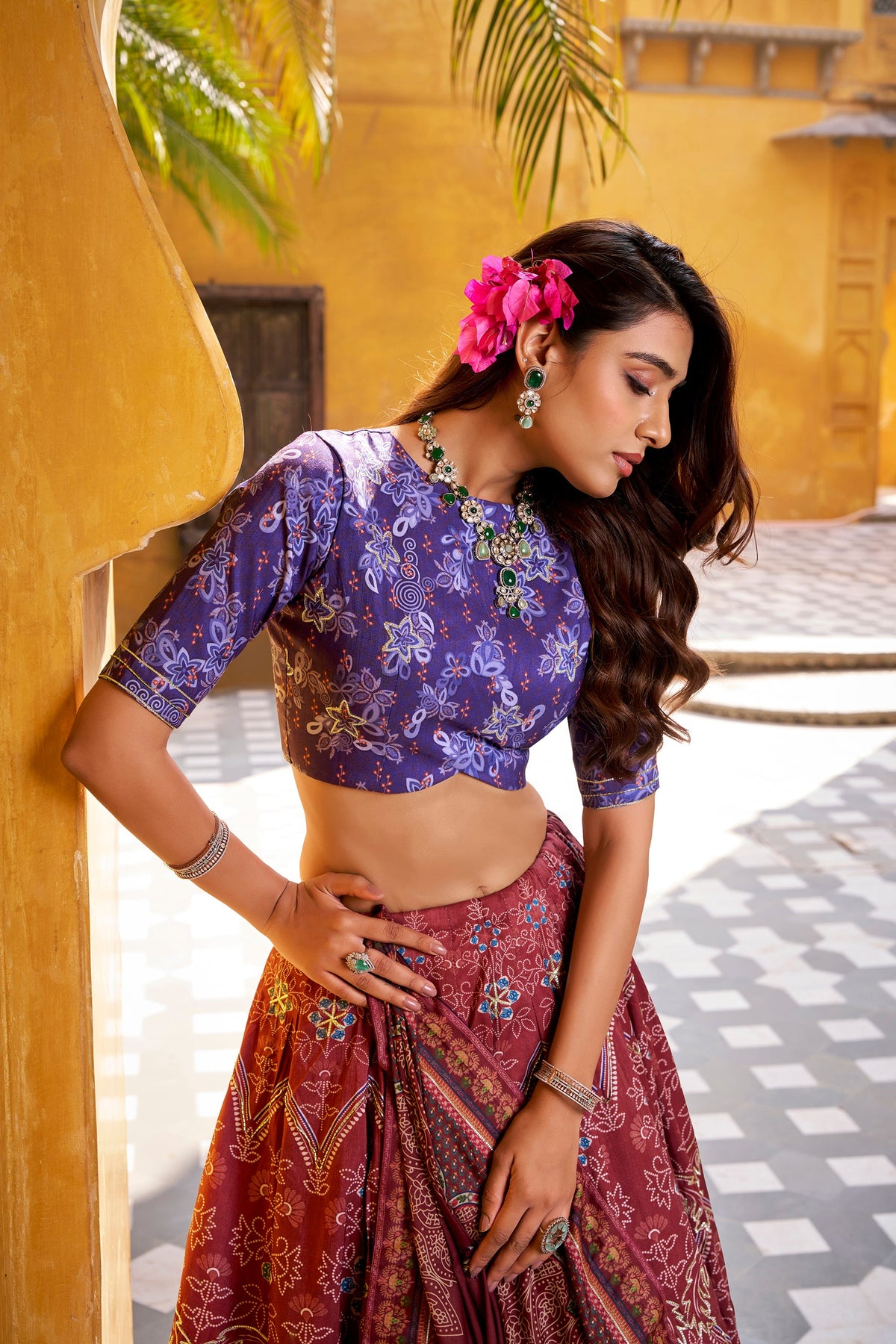 Lorenvalley Fashion Maroon Vaishali silk Printed with Beads Work and Gota Patti Lace Lehenga Choli with Dupatta | Grocsy