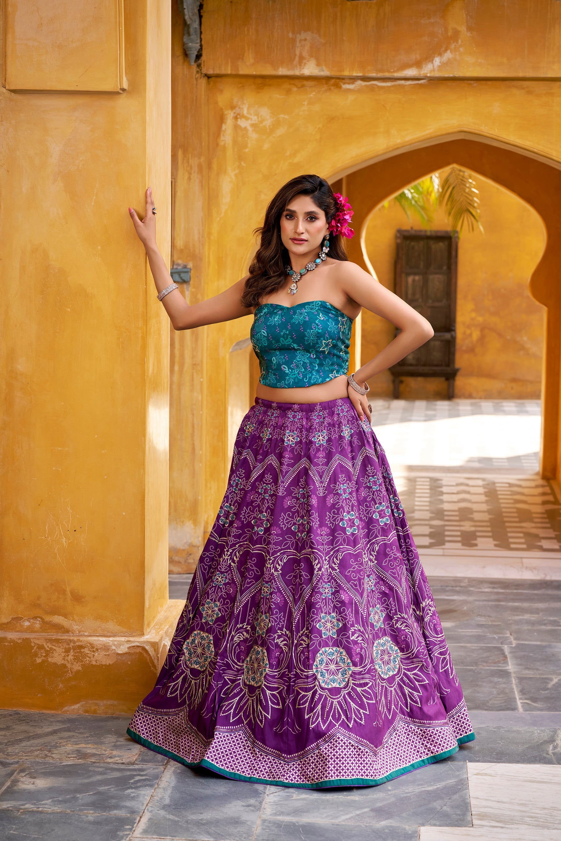 Lorenvalley Fashion Purple Vaishali silk Printed with Beads Work and Gota Patti Lace Lehenga Choli with Dupatta | Grocsy