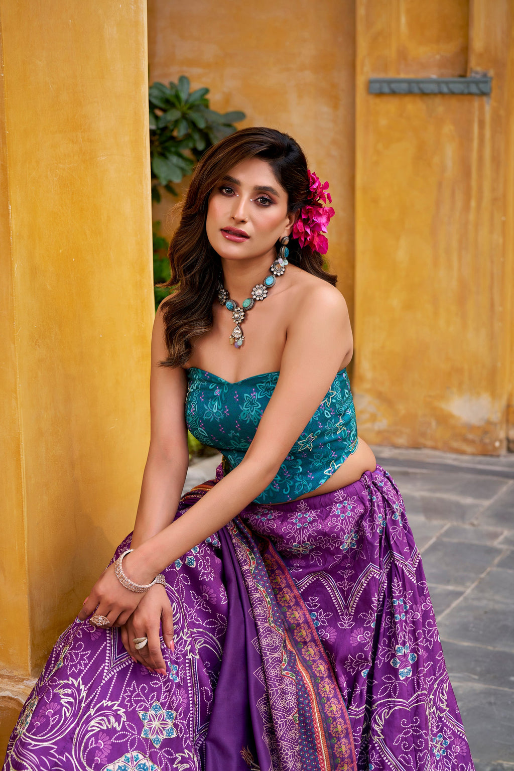 Lorenvalley Fashion Purple Vaishali silk Printed with Beads Work and Gota Patti Lace Lehenga Choli with Dupatta | Grocsy