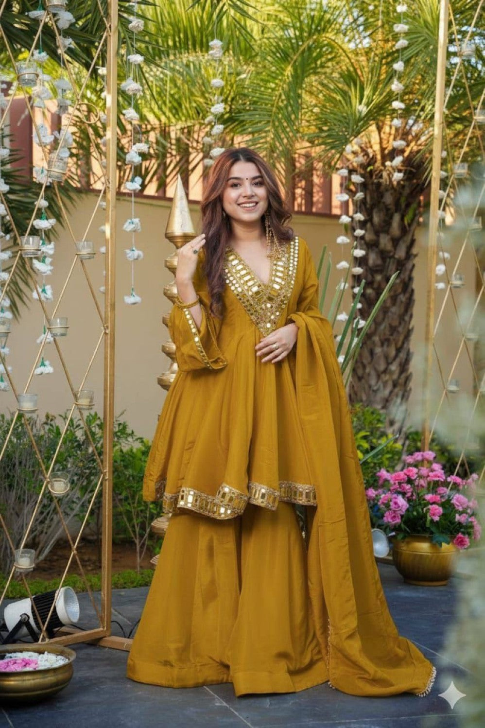 Anaita Mustard Silk Readymade Suit with Real Mirror Work | Grocsy