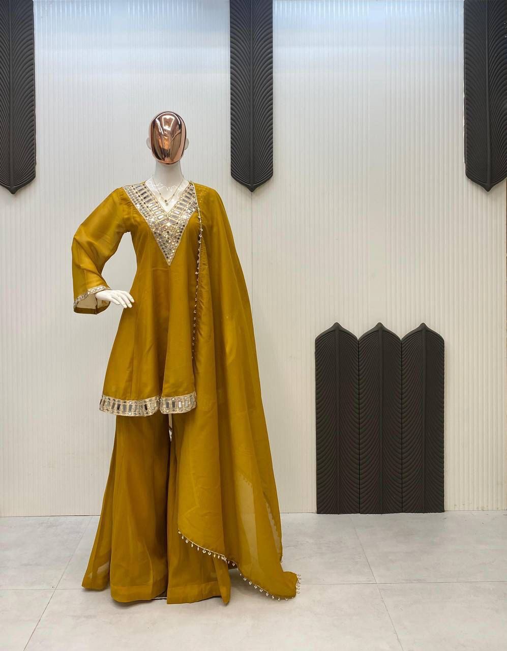 Anaita Mustard Silk Readymade Suit with Real Mirror Work | Grocsy