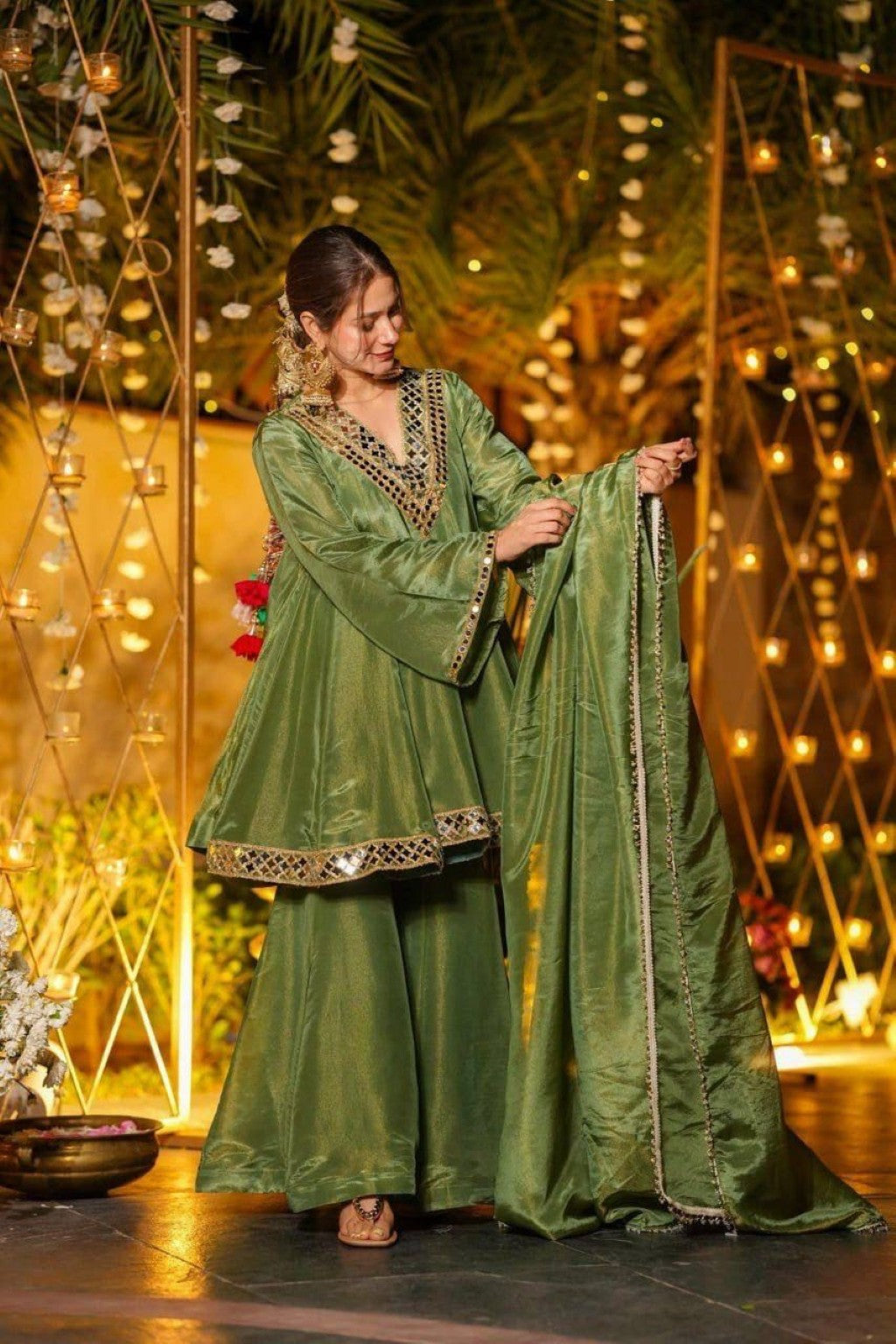 Anaita Green Silk Readymade Suit with Real Mirror Work | Grocsy