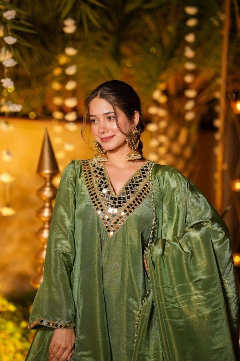 Anaita Green Silk Readymade Suit with Real Mirror Work | Grocsy