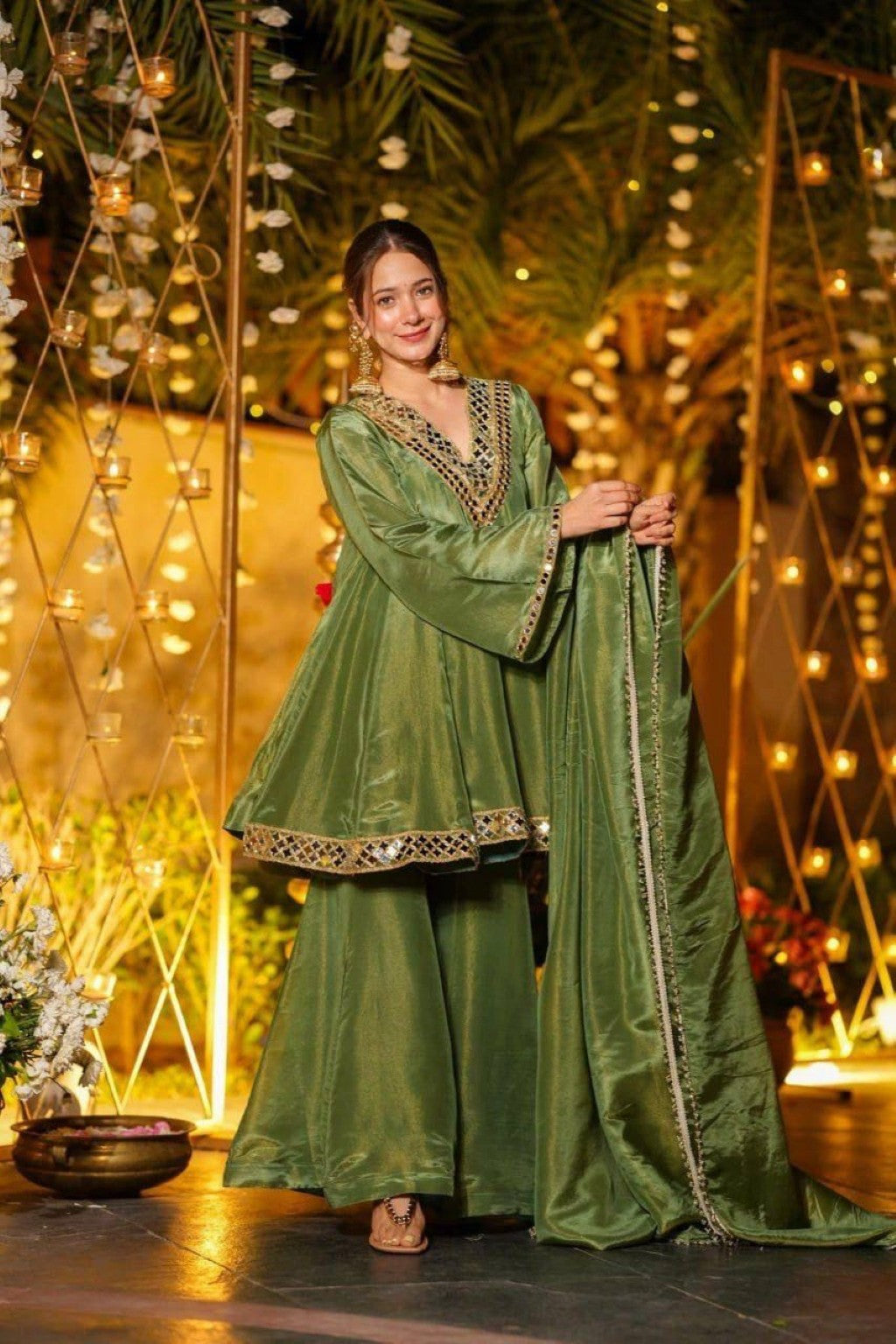 Anaita Green Silk Readymade Suit with Real Mirror Work | Grocsy