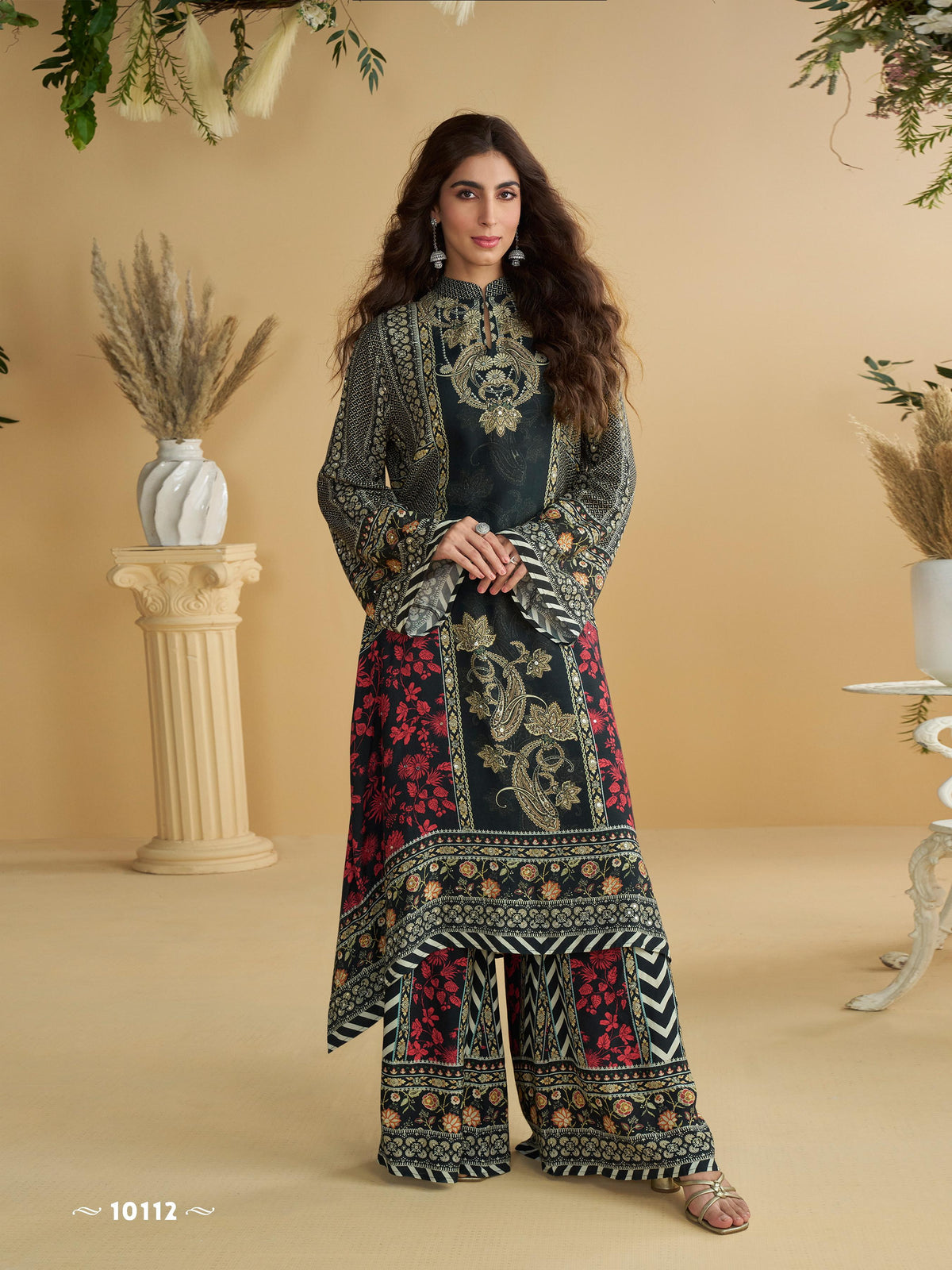 Anaita Black Crepe Stitched Suit With Digital Printed Work | Grocsy