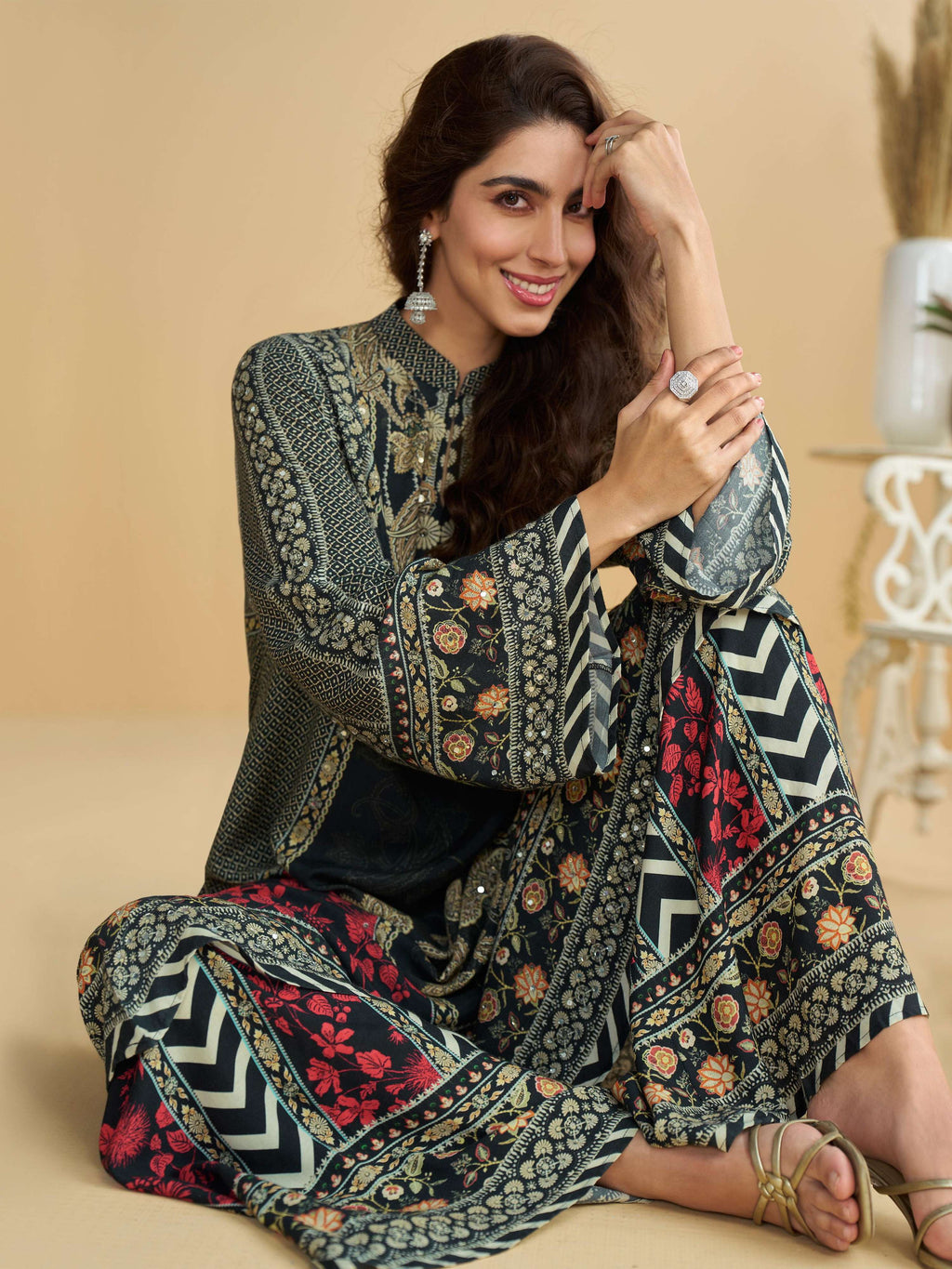 Anaita Black Crepe Stitched Suit With Digital Printed Work | Grocsy