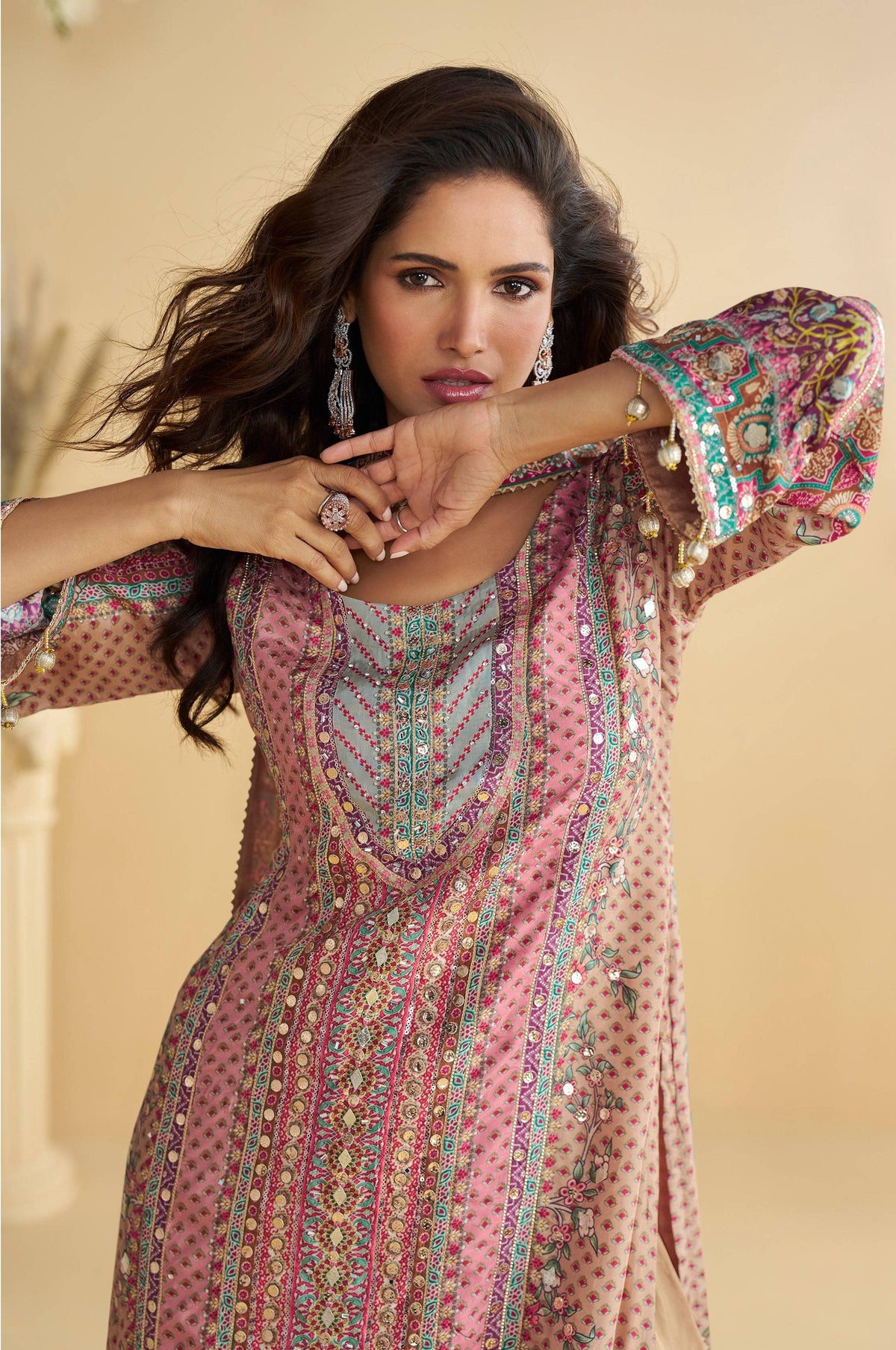 Anaita Pink Crepe Stitched Suit With Digital Printed Work | Grocsy