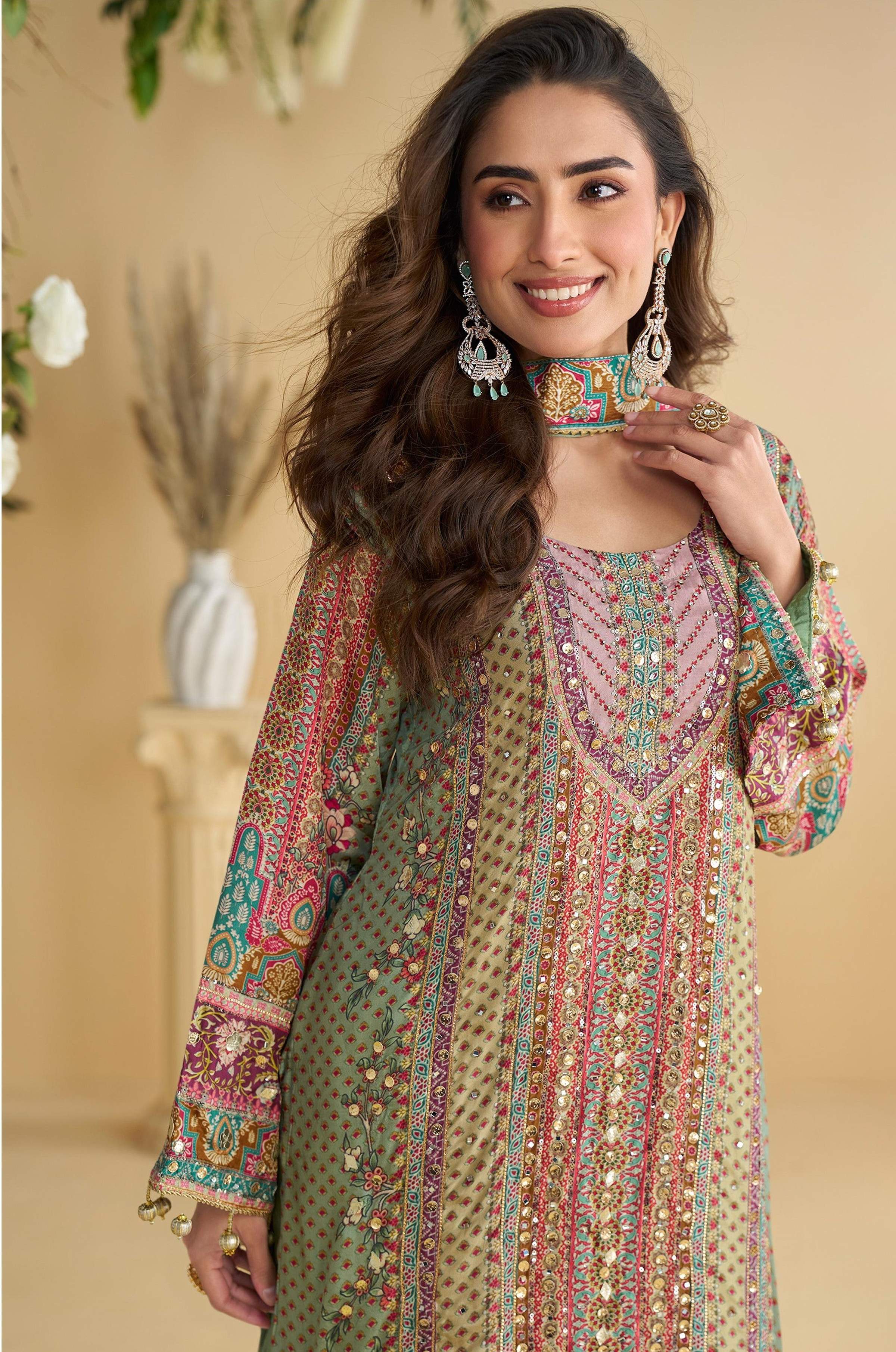 Anaita Green Crepe Stitched Suit With Digital Printed Work | Grocsy
