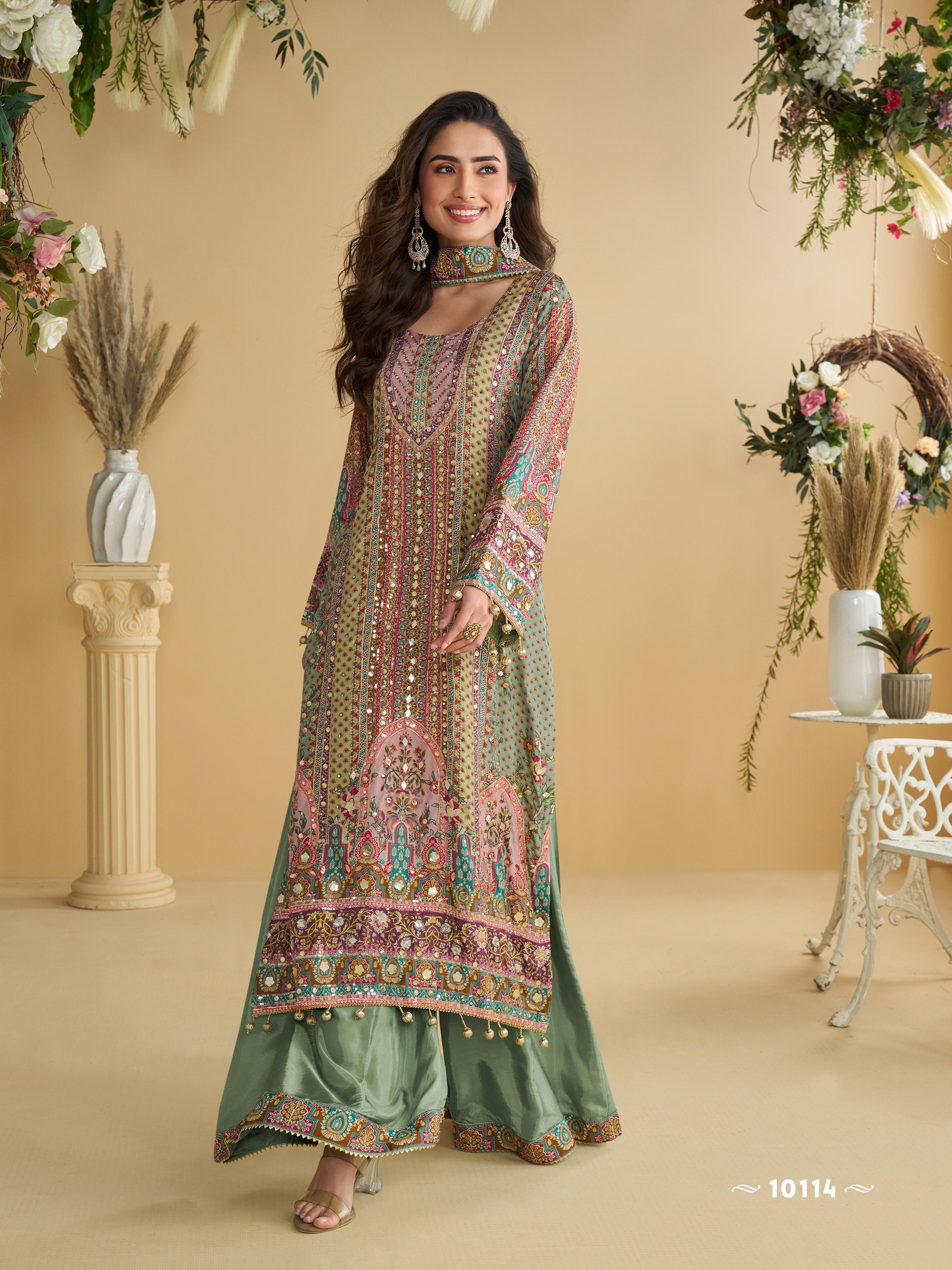 Anaita Green Crepe Stitched Suit With Digital Printed Work | Grocsy
