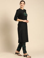 All About You Women Black Floral Yoke Design Regular Thread Work Kurta with Trousers | Grocsy