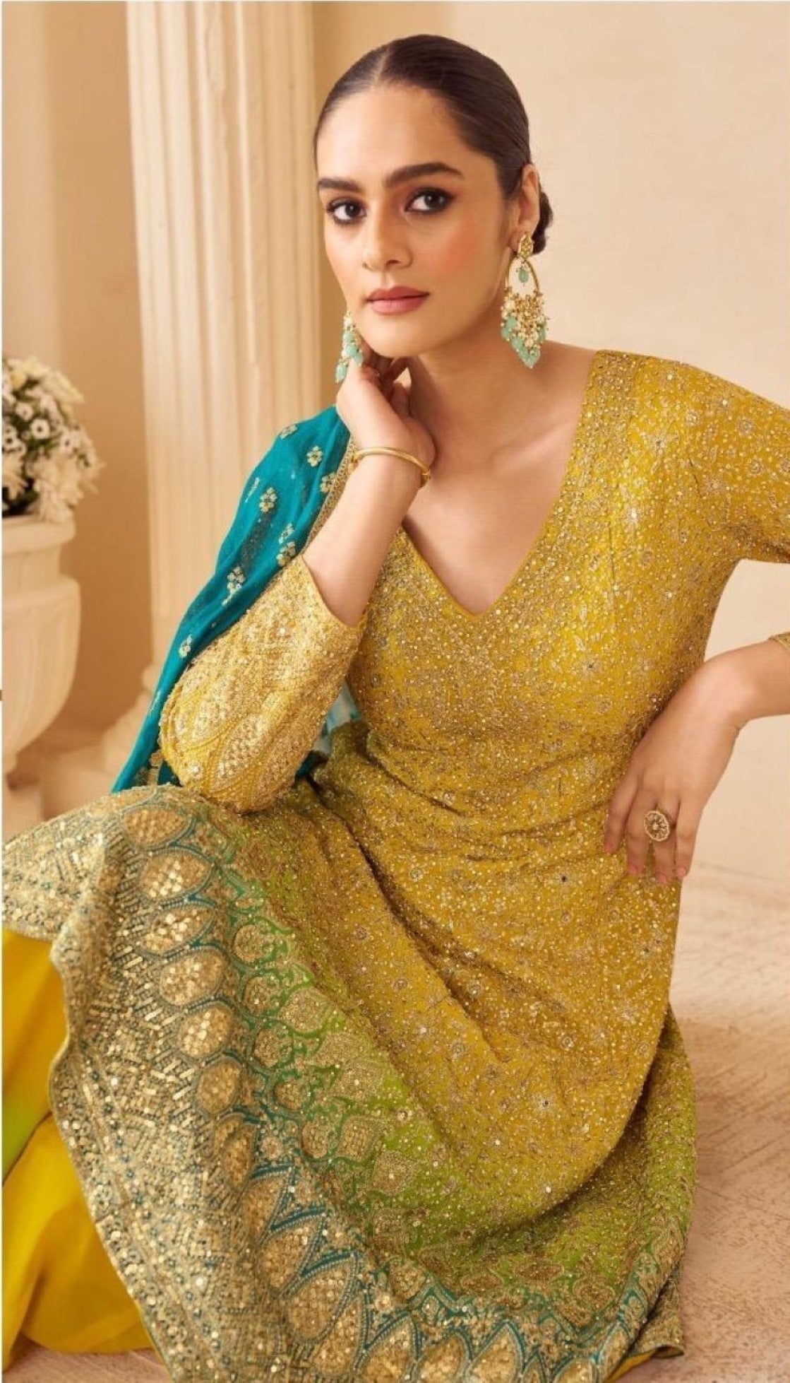 Anaita Yellow Real Georgette Stitched Suit With Sequence & Diamond Work | Grocsy