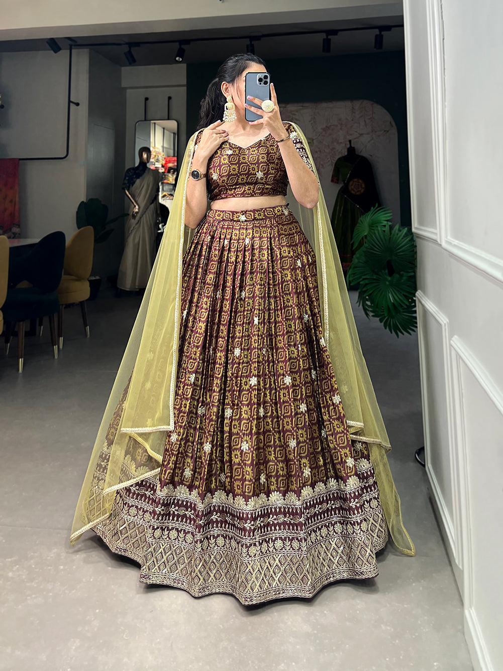 Lorenvalley Brown Chinon Digital Print with Embroidery Sequins Work Lehenga Choli with Dupatta | Grocsy