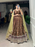 Lorenvalley Brown Chinon Digital Print with Embroidery Sequins Work Lehenga Choli with Dupatta | Grocsy