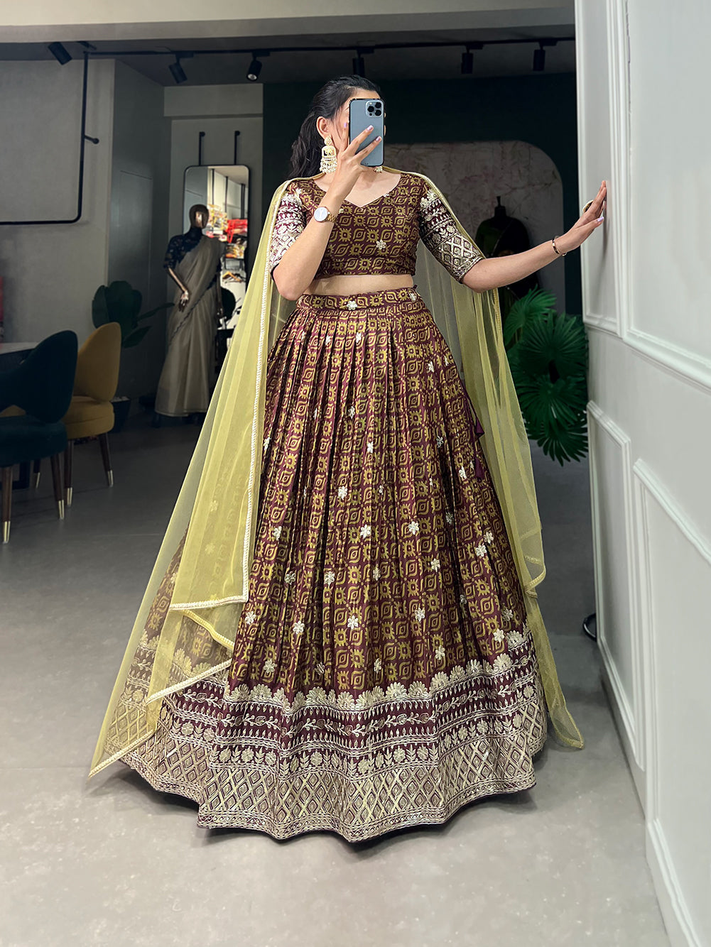 Lorenvalley Brown Chinon Digital Print with Embroidery Sequins Work Lehenga Choli with Dupatta | Grocsy