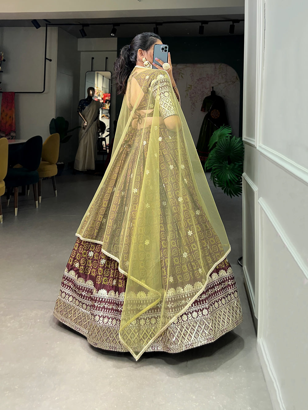 Lorenvalley Brown Chinon Digital Print with Embroidery Sequins Work Lehenga Choli with Dupatta | Grocsy