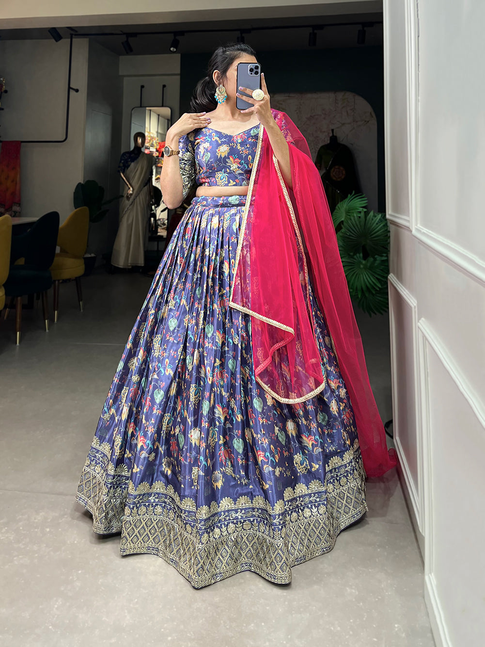 Lorenvalley Lavender Chinon Digital Print with Embroidery Sequins Work Lehenga Choli with Dupatta | Grocsy