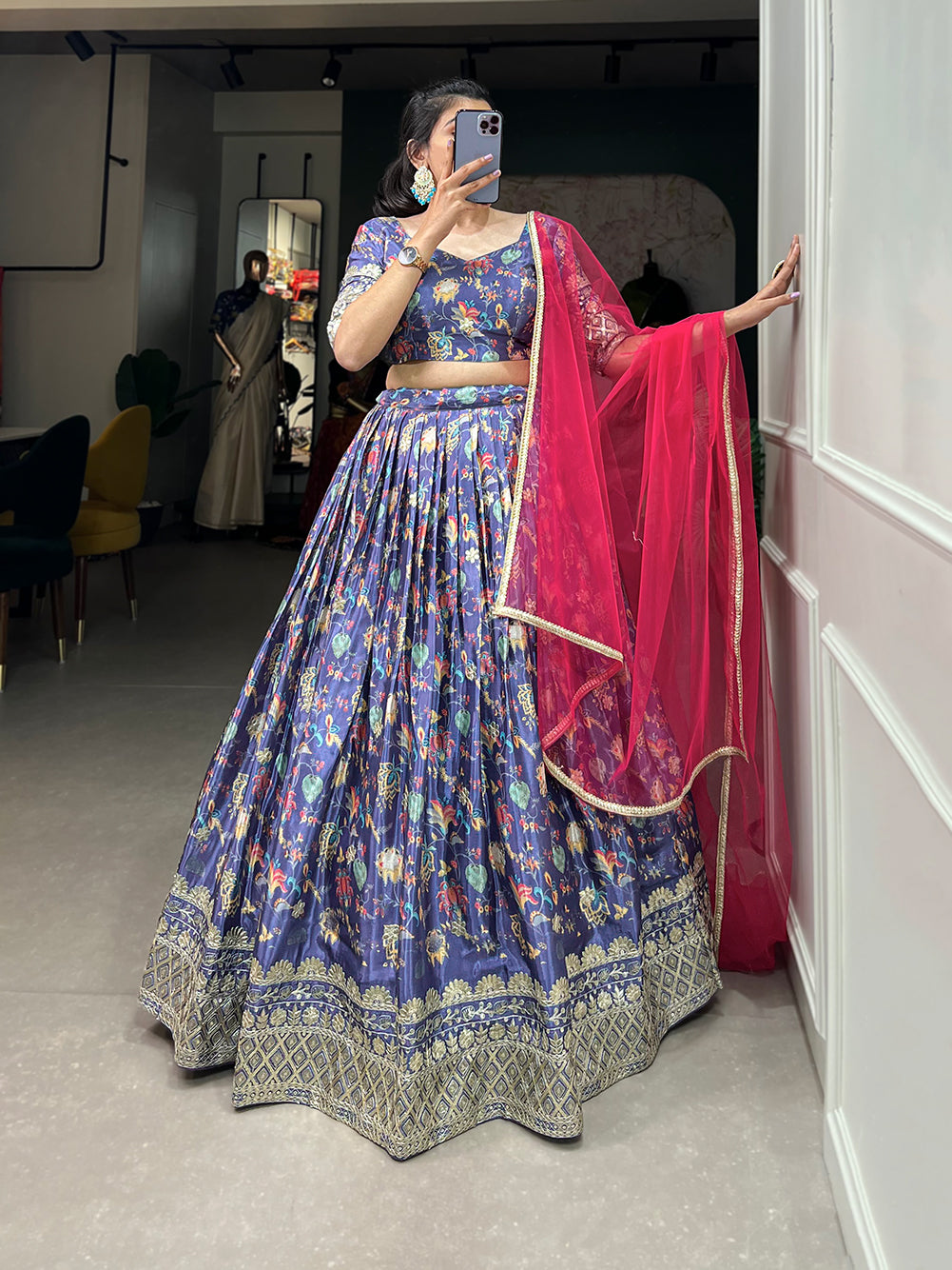 Lorenvalley Lavender Chinon Digital Print with Embroidery Sequins Work Lehenga Choli with Dupatta | Grocsy