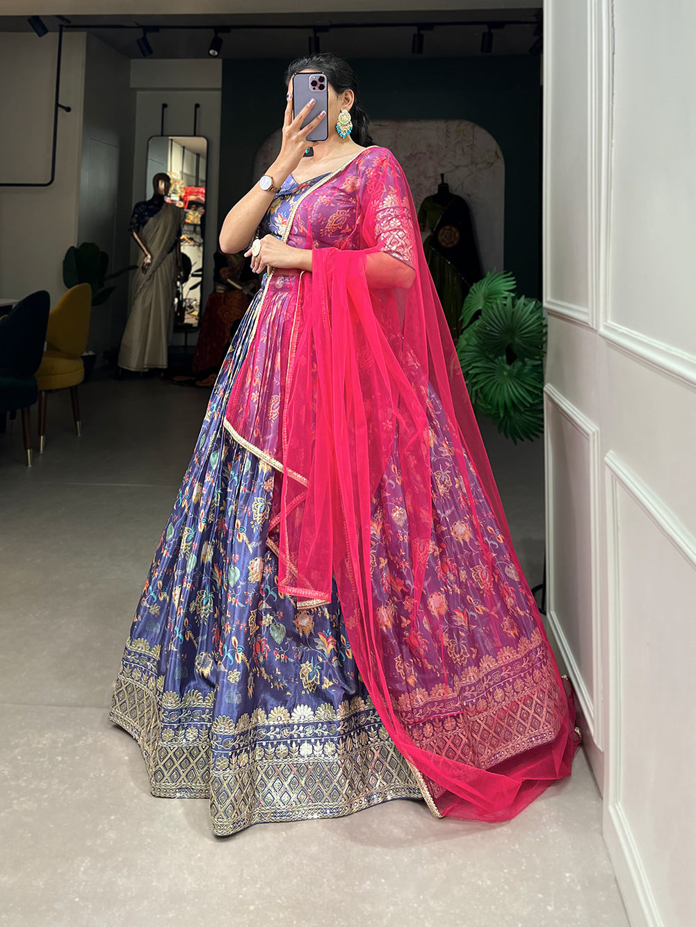 Lorenvalley Lavender Chinon Digital Print with Embroidery Sequins Work Lehenga Choli with Dupatta | Grocsy