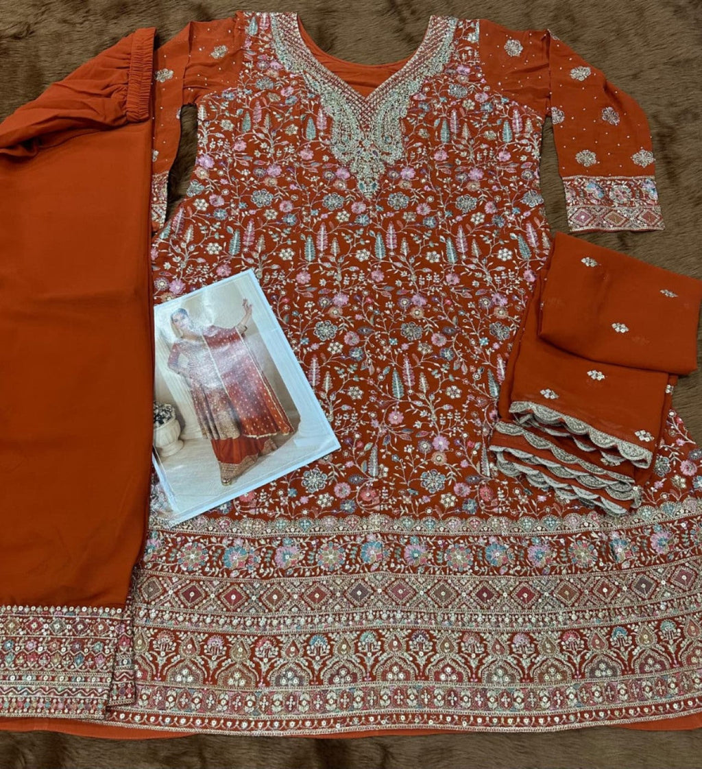 Anaita Orange Real Georgette Stitched Suit With Sequence & Diamond Work | Grocsy