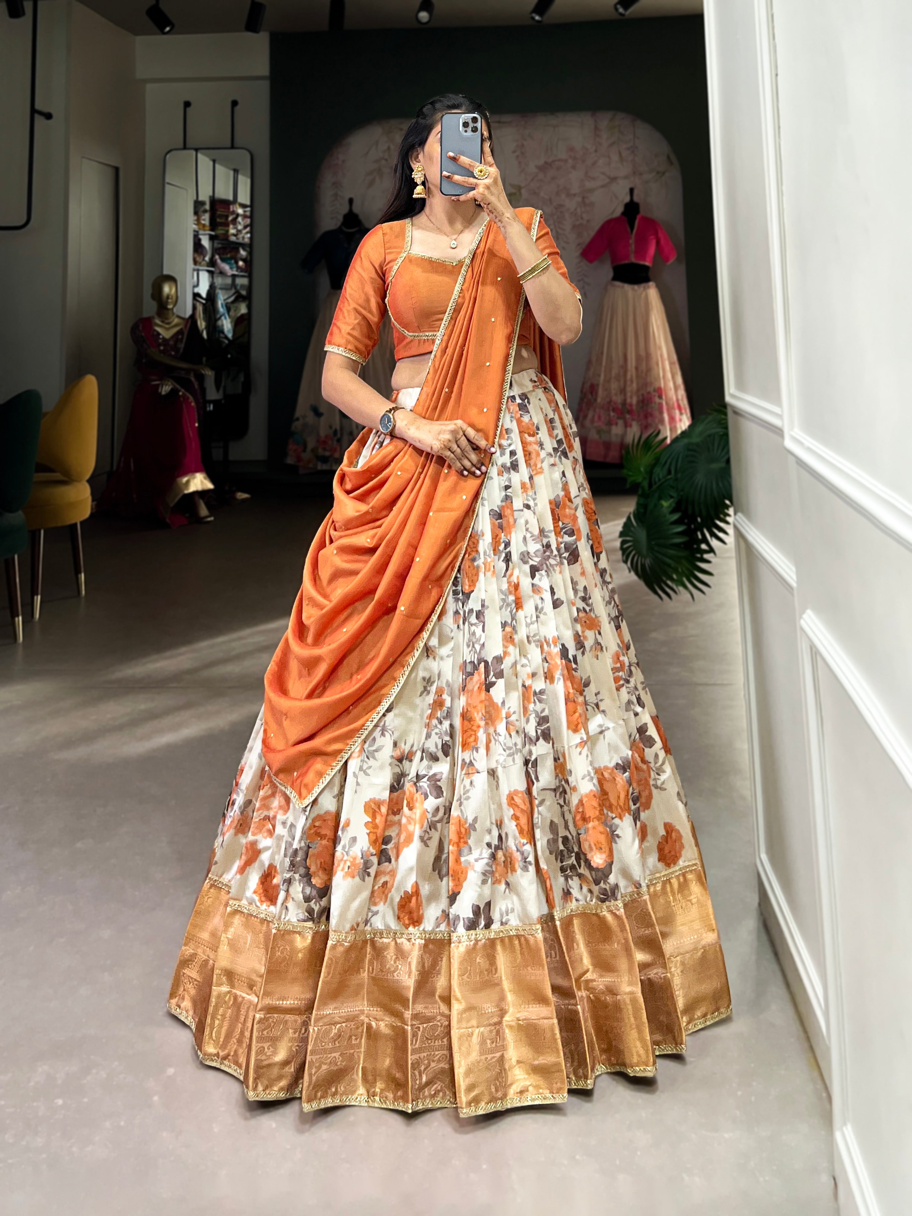 Lorenvalley Orange and White Dola Silk Floral Print And Zari Weaving Work With Lace Touch Up Lehenga Choli | Grocsy