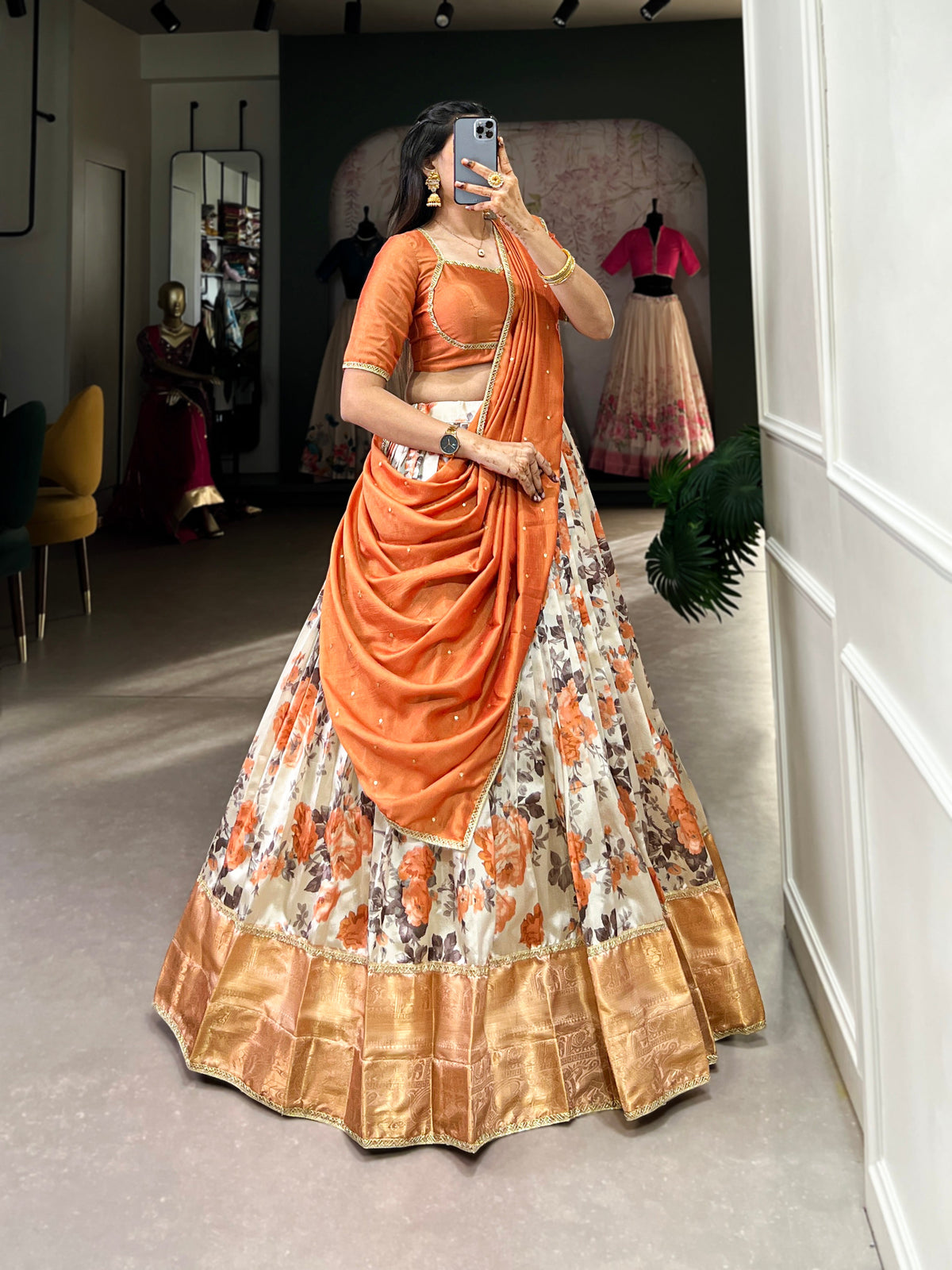 Lorenvalley Orange and White Dola Silk Floral Print And Zari Weaving Work With Lace Touch Up Lehenga Choli | Grocsy