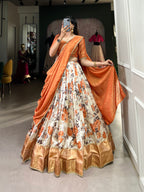 Lorenvalley Orange and White Dola Silk Floral Print And Zari Weaving Work With Lace Touch Up Lehenga Choli | Grocsy