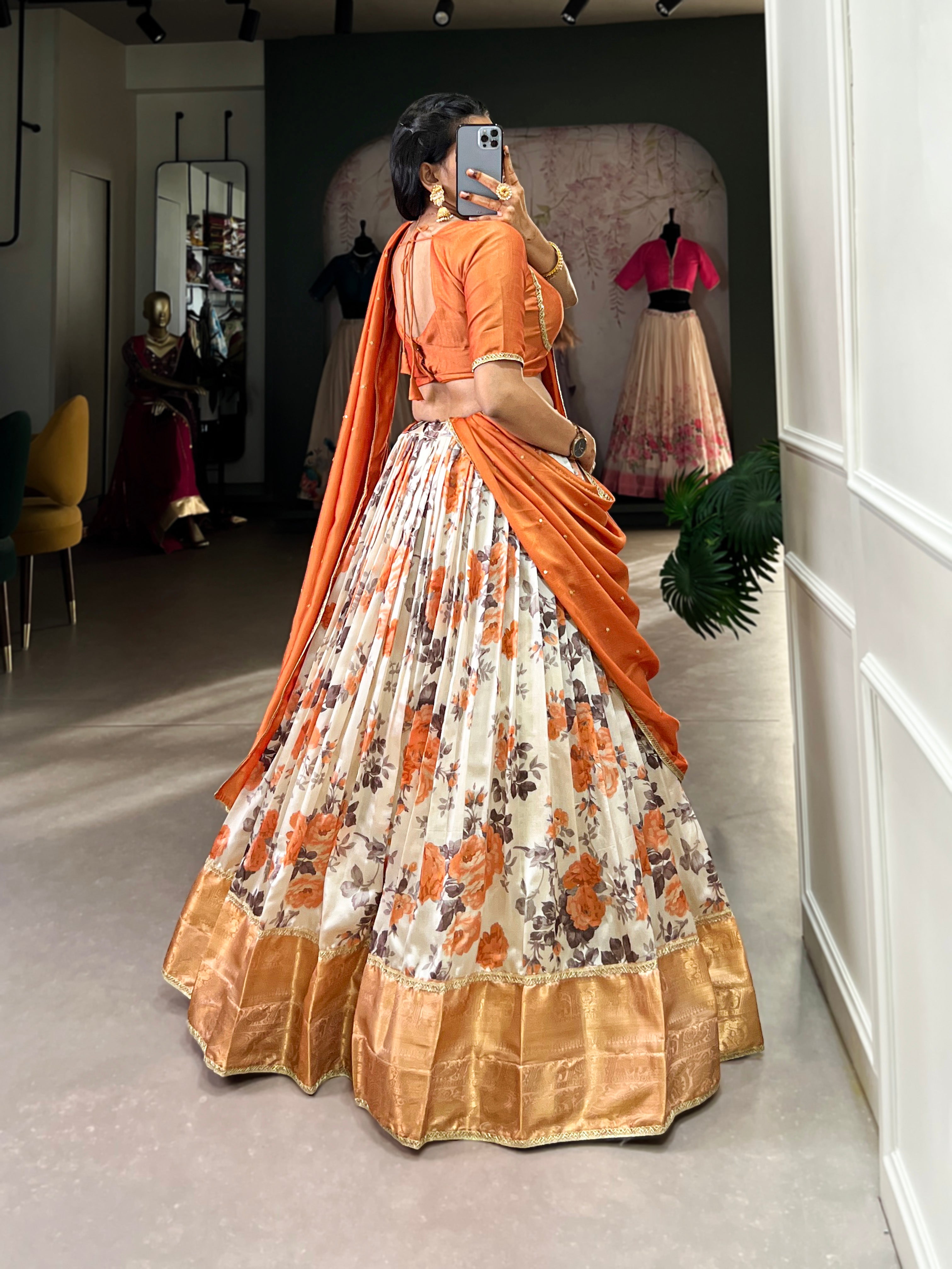 Lorenvalley Orange and White Dola Silk Floral Print And Zari Weaving Work With Lace Touch Up Lehenga Choli | Grocsy