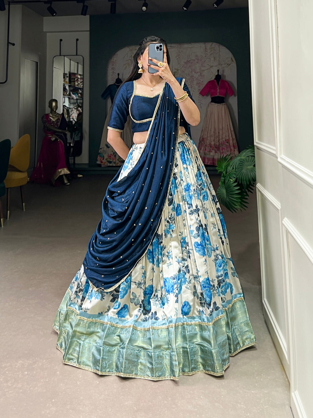Lorenvalley Blue and White Dola Silk Floral Print And Zari Weaving Work With Lace Touch Up Lehenga Choli | Grocsy