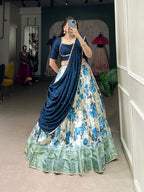 Lorenvalley Blue and White Dola Silk Floral Print And Zari Weaving Work With Lace Touch Up Lehenga Choli | Grocsy