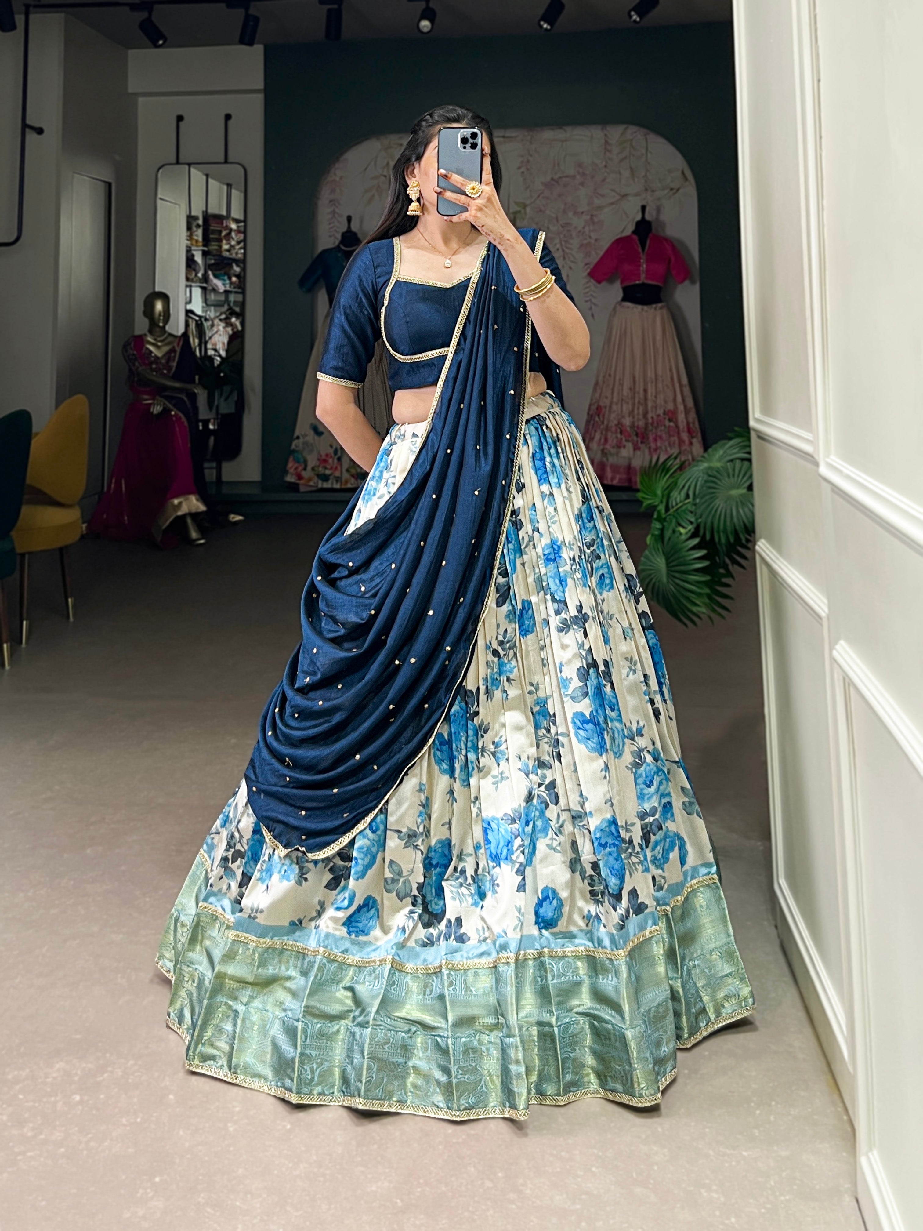 Lorenvalley Blue and White Dola Silk Floral Print And Zari Weaving Work With Lace Touch Up Lehenga Choli | Grocsy