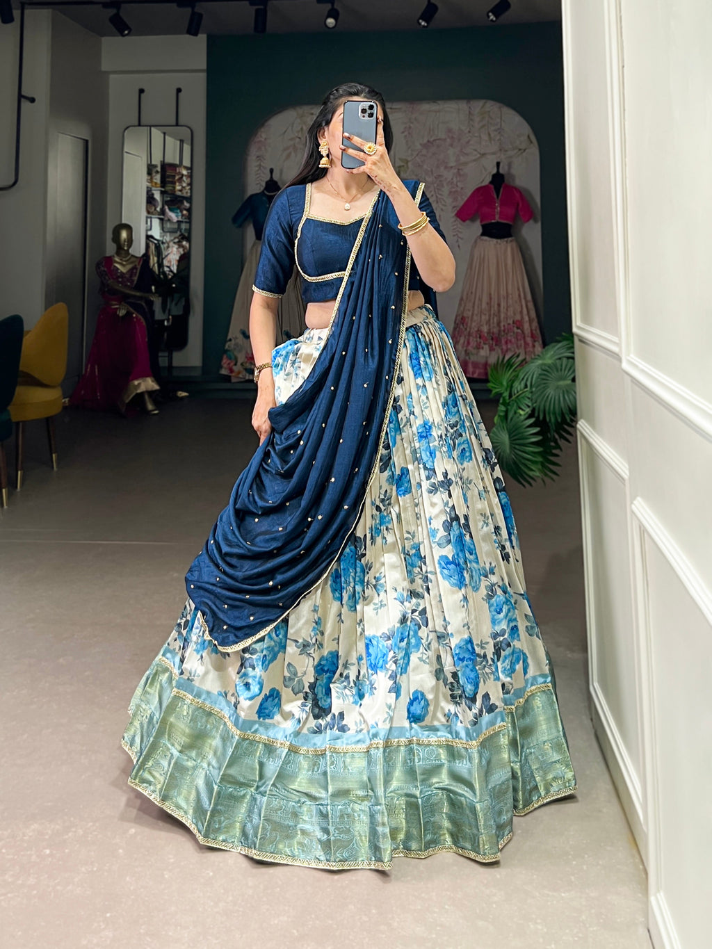 Lorenvalley Blue and White Dola Silk Floral Print And Zari Weaving Work With Lace Touch Up Lehenga Choli | Grocsy