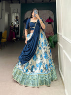 Lorenvalley Blue and White Dola Silk Floral Print And Zari Weaving Work With Lace Touch Up Lehenga Choli | Grocsy