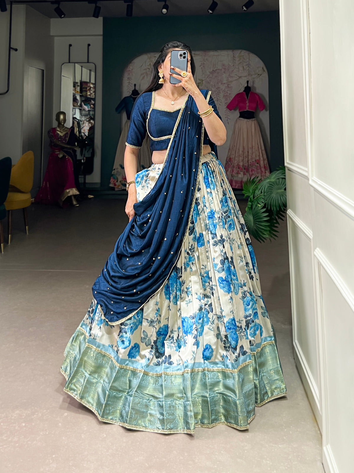 Lorenvalley Blue and White Dola Silk Floral Print And Zari Weaving Work With Lace Touch Up Lehenga Choli | Grocsy