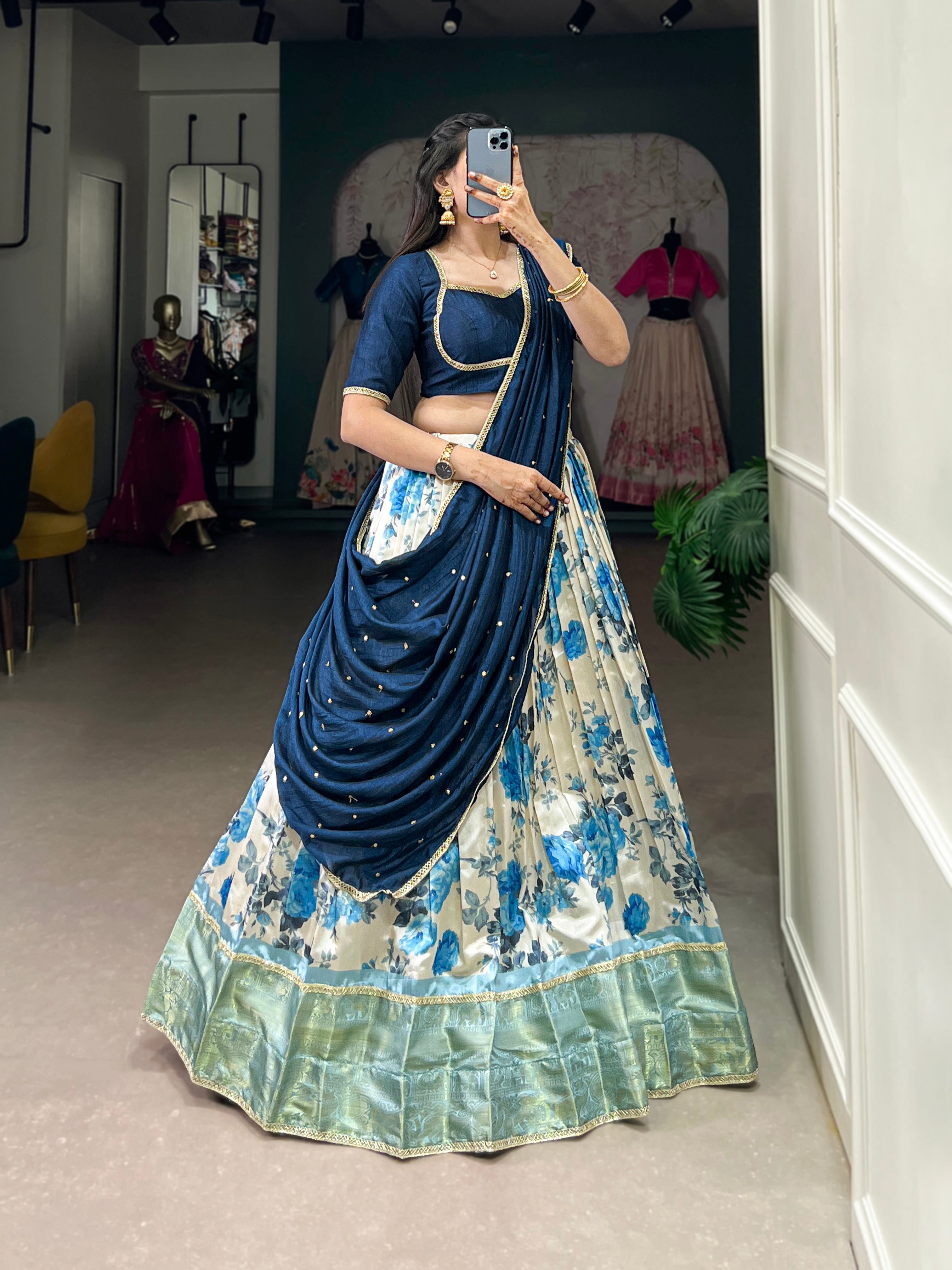 Lorenvalley Blue and White Dola Silk Floral Print And Zari Weaving Work With Lace Touch Up Lehenga Choli | Grocsy