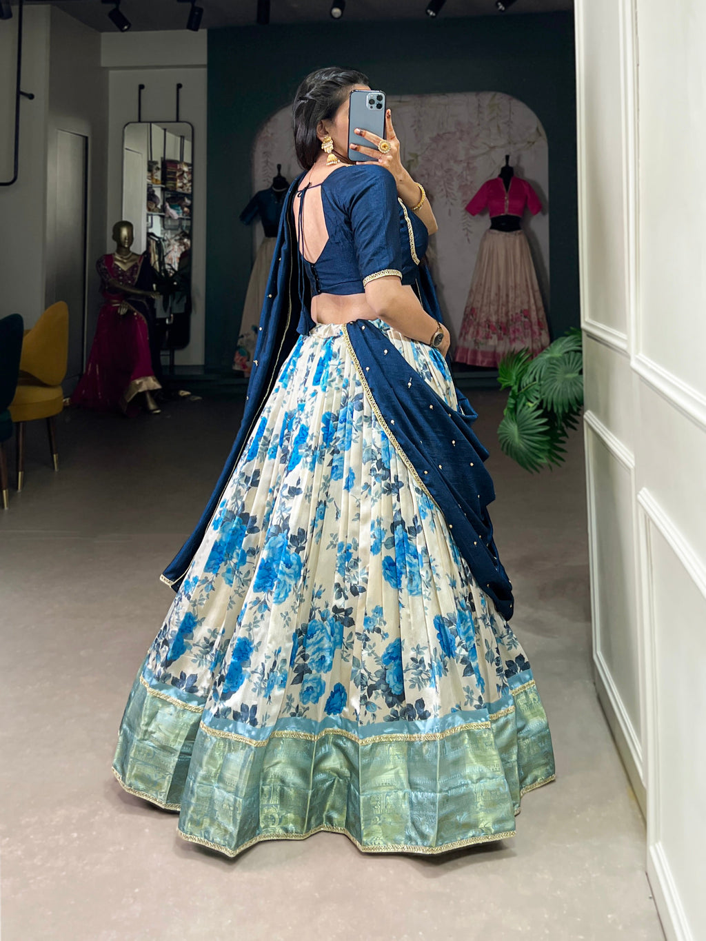 Lorenvalley Blue and White Dola Silk Floral Print And Zari Weaving Work With Lace Touch Up Lehenga Choli | Grocsy
