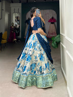 Lorenvalley Blue and White Dola Silk Floral Print And Zari Weaving Work With Lace Touch Up Lehenga Choli | Grocsy