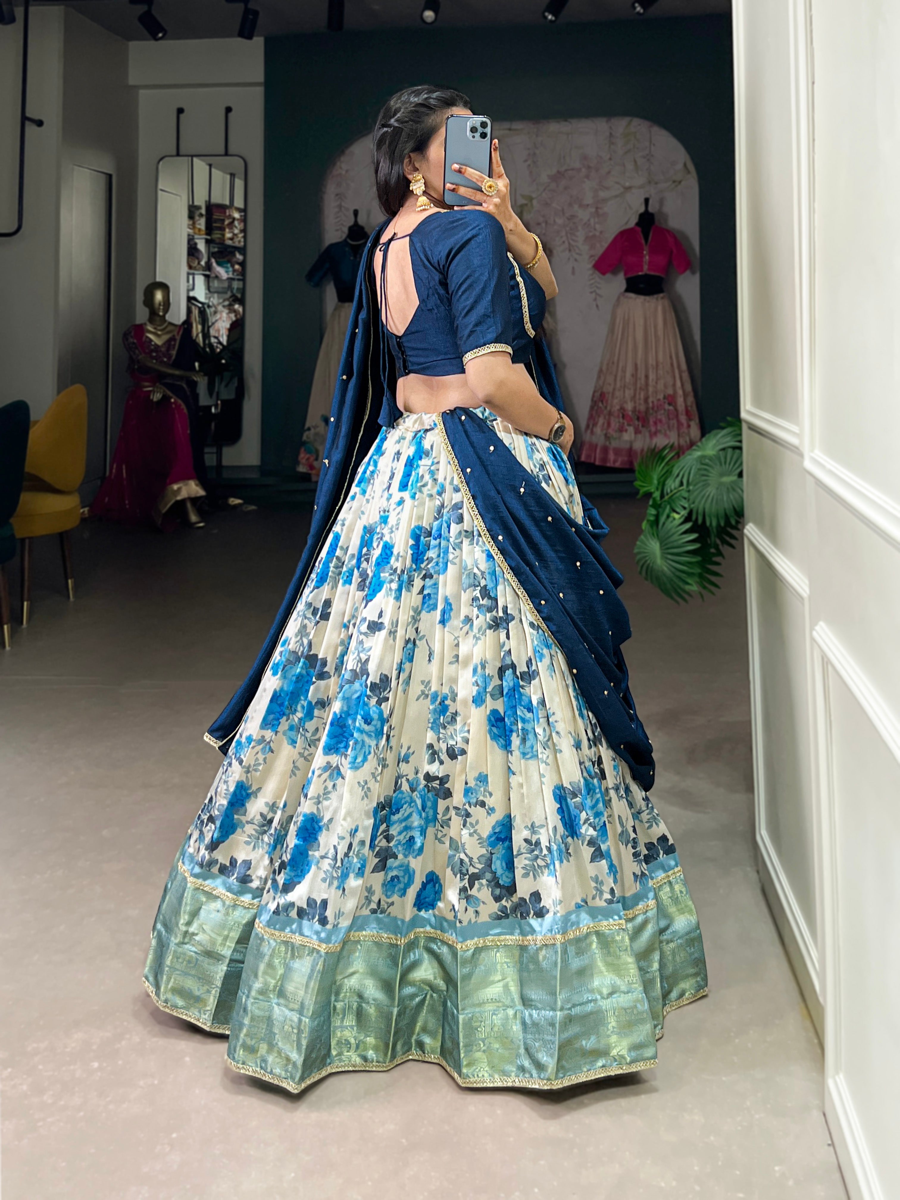 Lorenvalley Blue and White Dola Silk Floral Print And Zari Weaving Work With Lace Touch Up Lehenga Choli | Grocsy