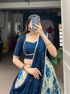 Lorenvalley Blue and White Dola Silk Floral Print And Zari Weaving Work With Lace Touch Up Lehenga Choli | Grocsy