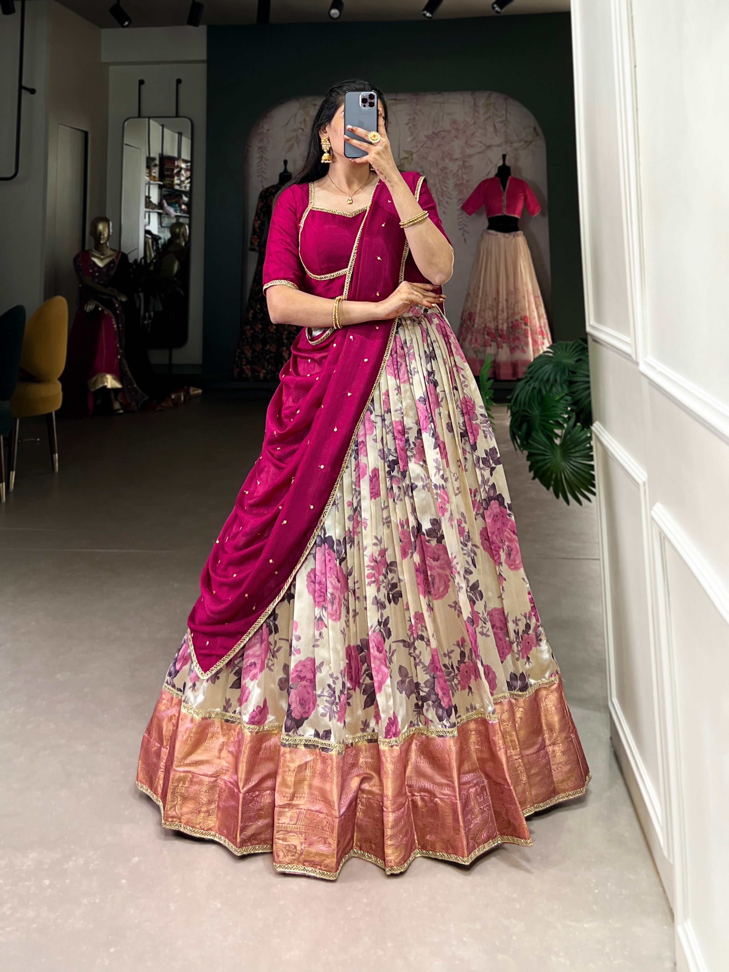 Lorenvalley Ranipink and White Dola Silk Floral Print And Zari Weaving Work With Lace Touch Up Lehenga Choli | Grocsy