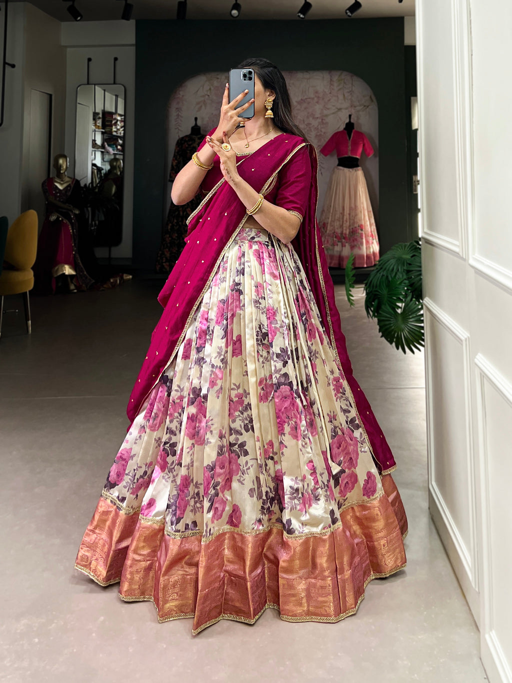 Lorenvalley Ranipink and White Dola Silk Floral Print And Zari Weaving Work With Lace Touch Up Lehenga Choli | Grocsy