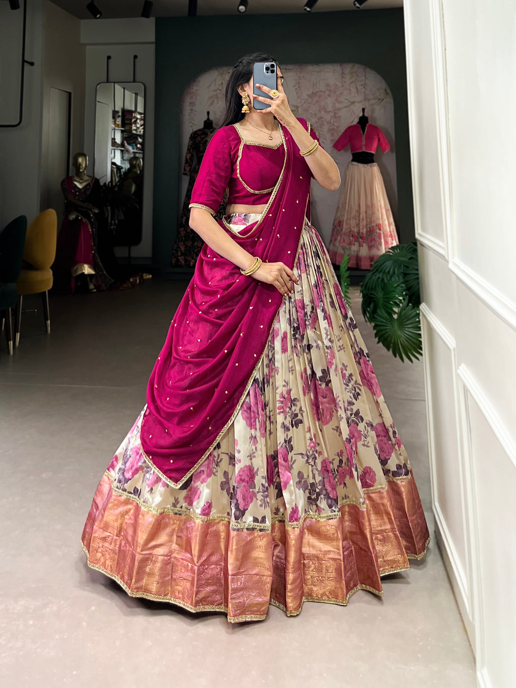 Lorenvalley Ranipink and White Dola Silk Floral Print And Zari Weaving Work With Lace Touch Up Lehenga Choli | Grocsy