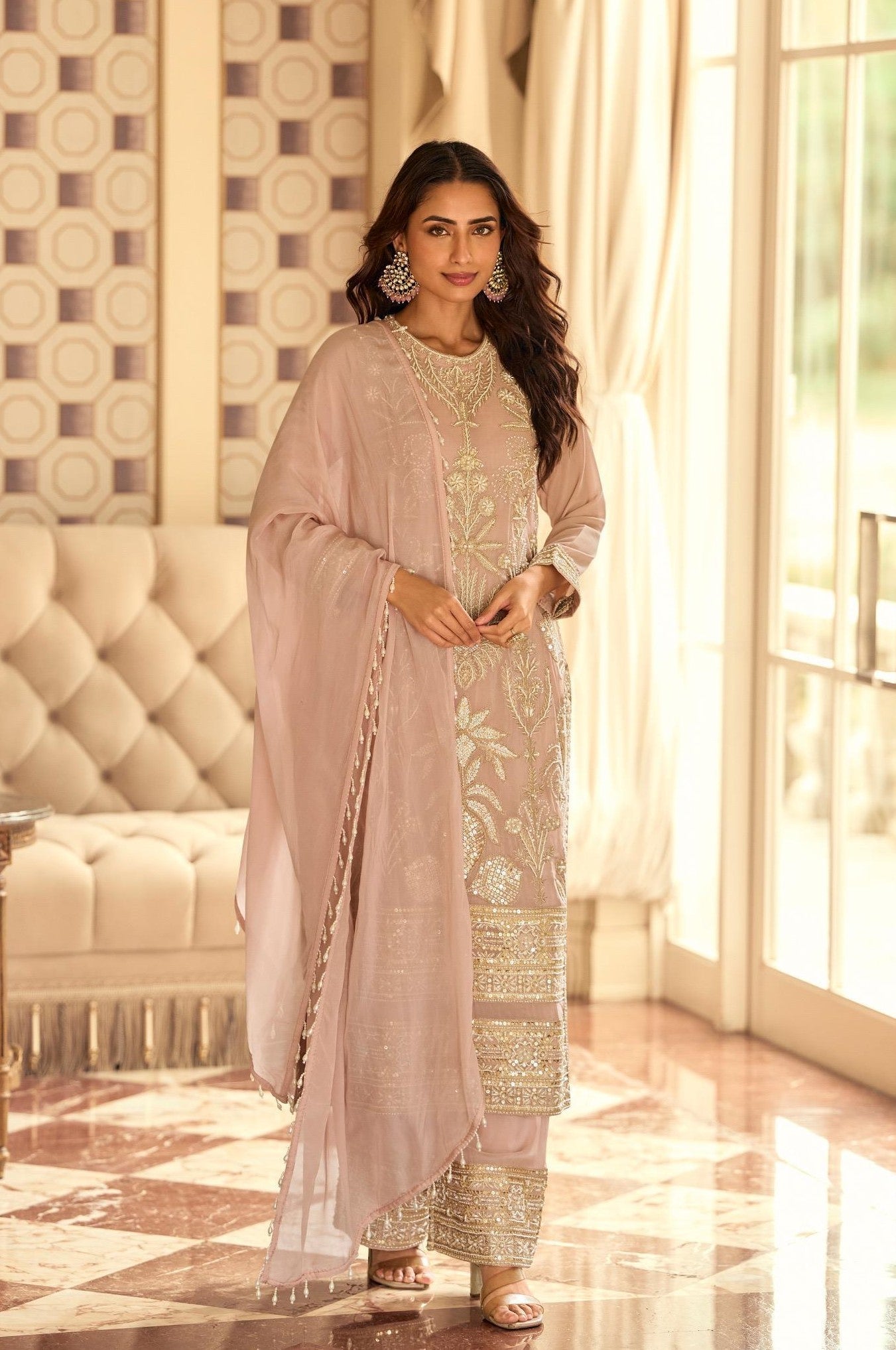 Anaita Peach Georgette Stitched Suit With Embroidery & Beads Work | Grocsy