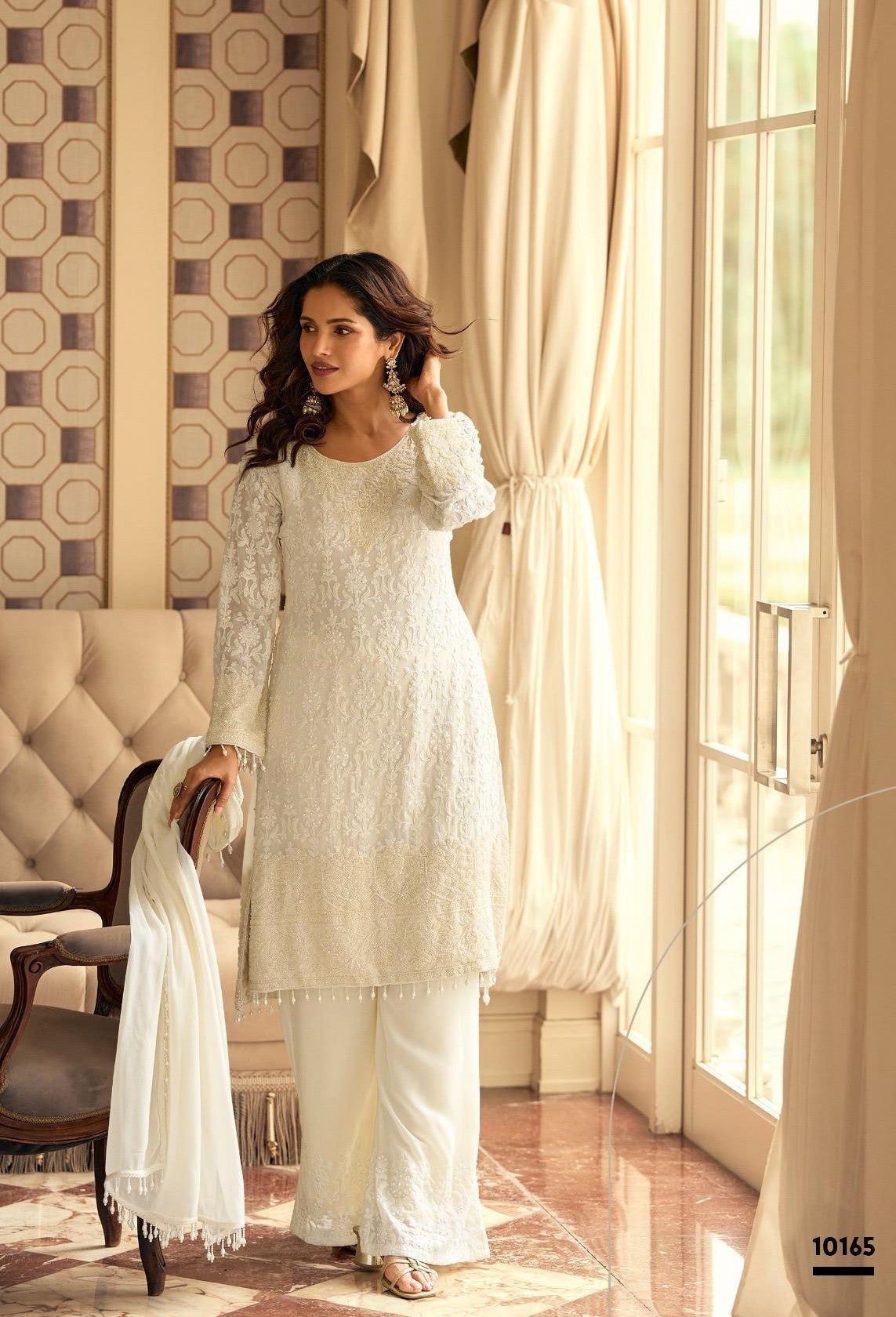 Anaita White Georgette Stitched Suit With Embroidery & Beads Work | Grocsy