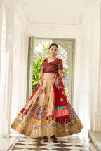 Lorenvalley Cream Dola Silk Kalamkari Print With Weaving Border Lehenga Choli | Grocsy