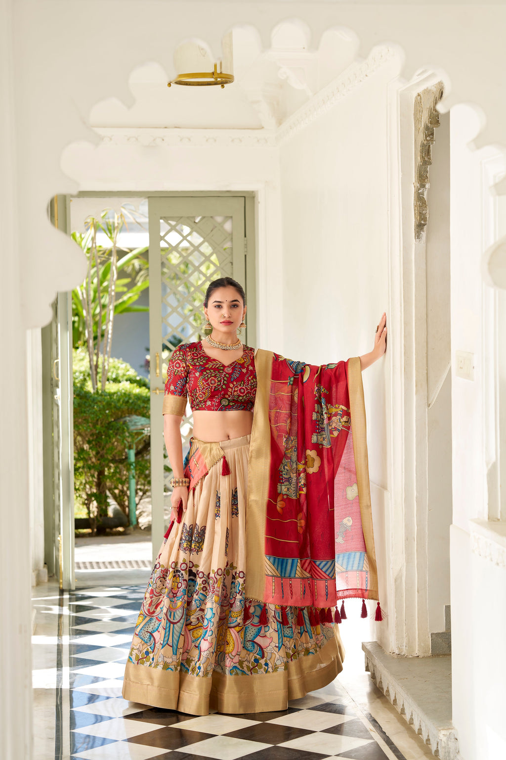Lorenvalley Cream Dola Silk Kalamkari Print With Weaving Border Lehenga Choli | Grocsy