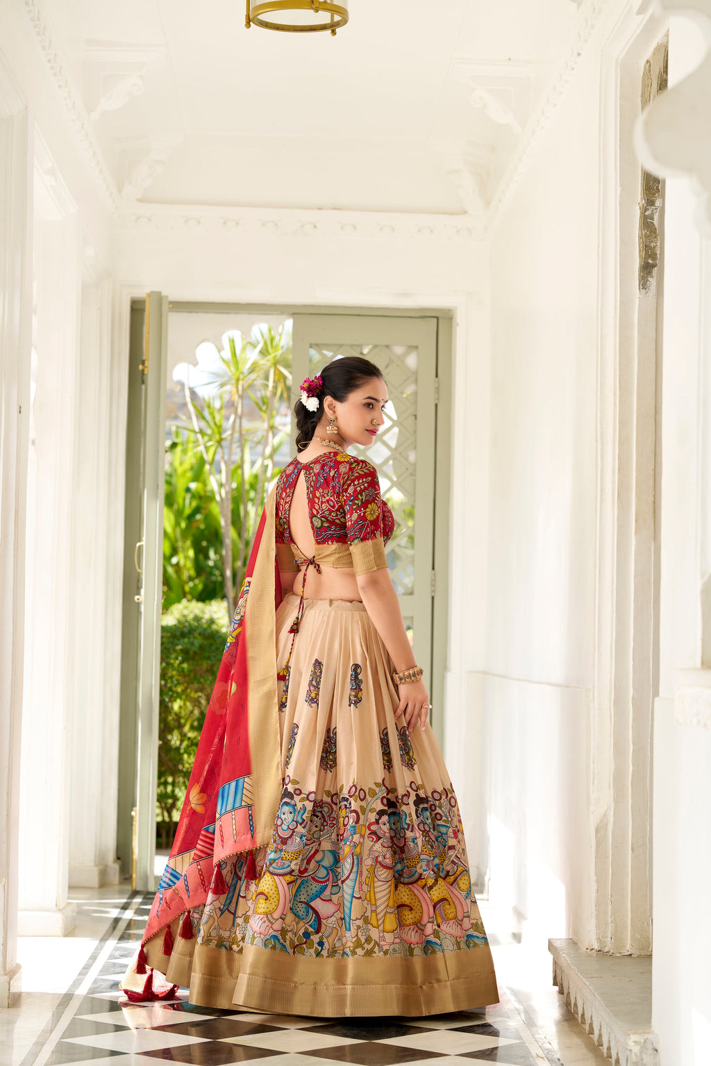 Lorenvalley Cream Dola Silk Kalamkari Print With Weaving Border Lehenga Choli | Grocsy