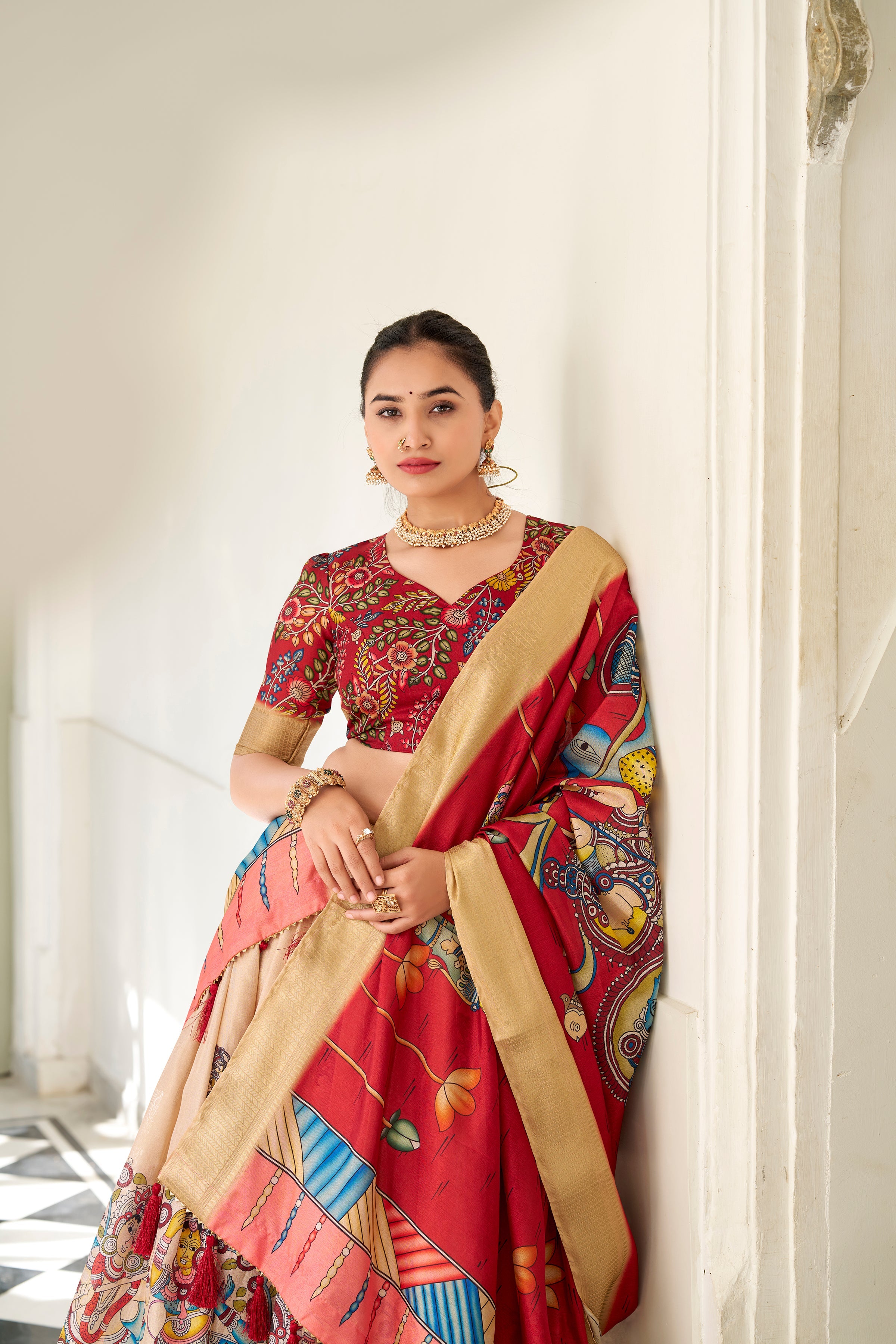 Lorenvalley Cream Dola Silk Kalamkari Print With Weaving Border Lehenga Choli | Grocsy