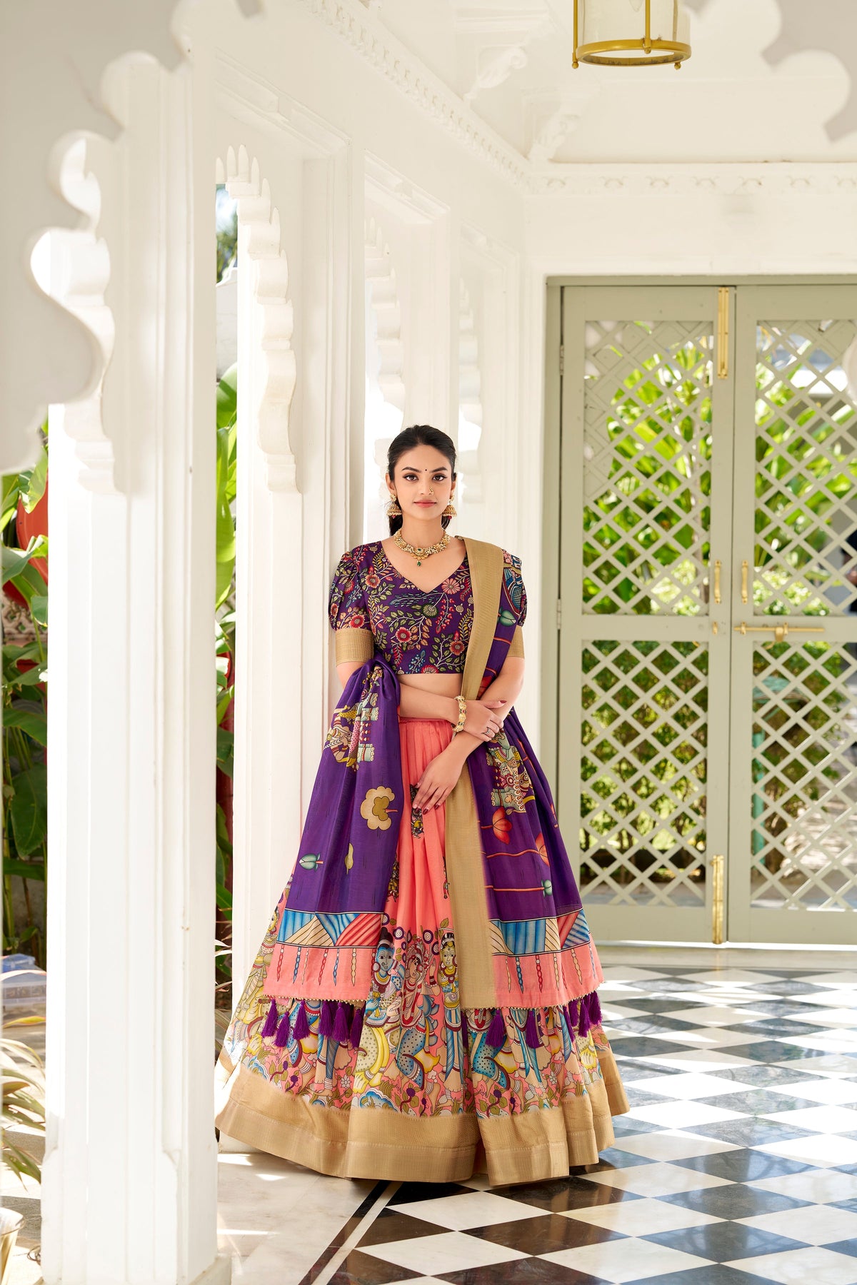 Lorenvalley Peach Dola Silk Kalamkari Print With Weaving Border Lehenga Choli | Grocsy